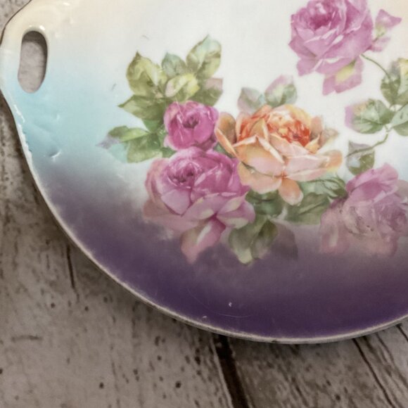 Vintage Germany Porcelain Handled Cake Plate Floral Rose Motif Pastels 9" - Picture 2 of 5